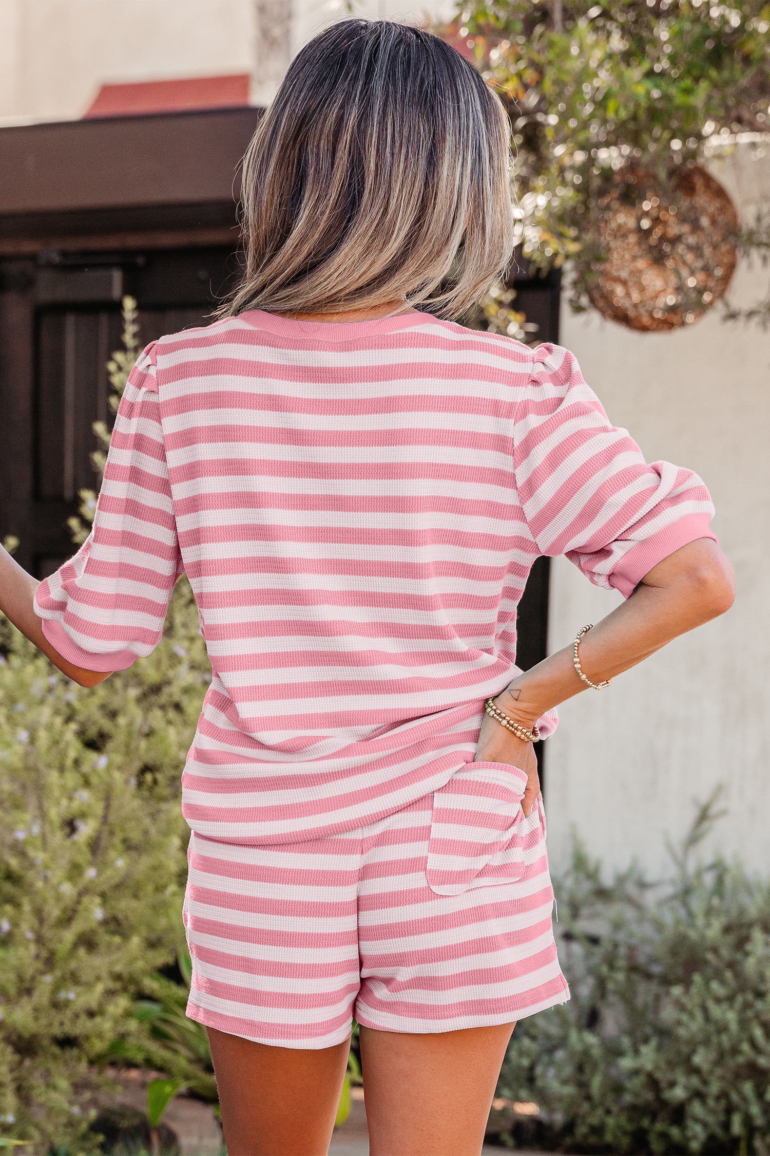 Red Stripe Puff Short Sleeve T Shirt Matching Shorts Set