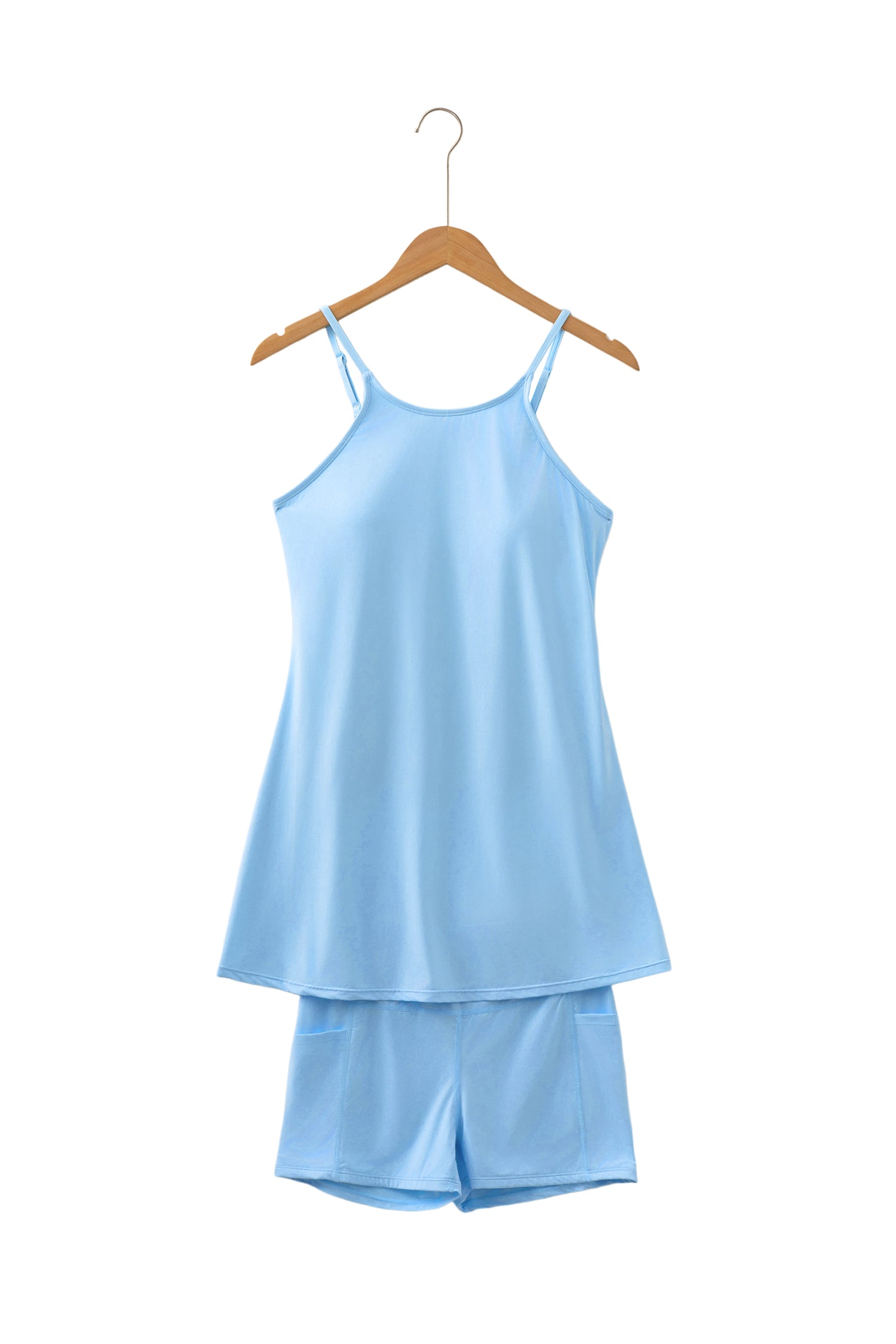 Beau Blue Solid Color Tunic Tank Dress Athletic Shorts Two Piece Set