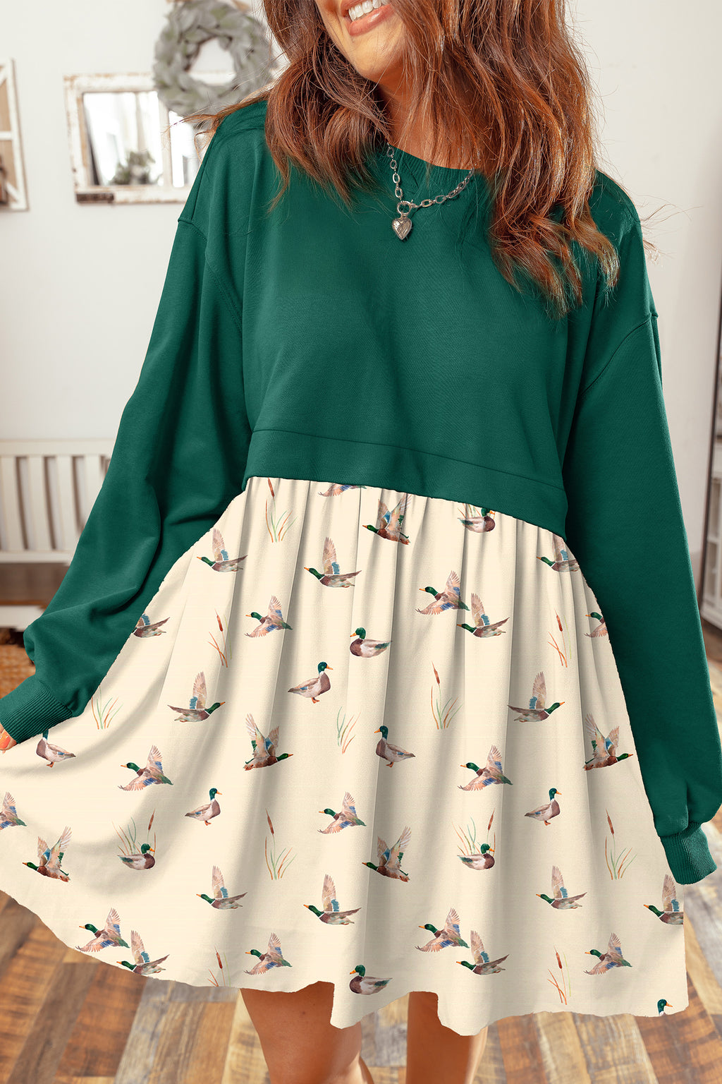 Mallard Print 2-in-1 Long-Sleeve Mini Dress