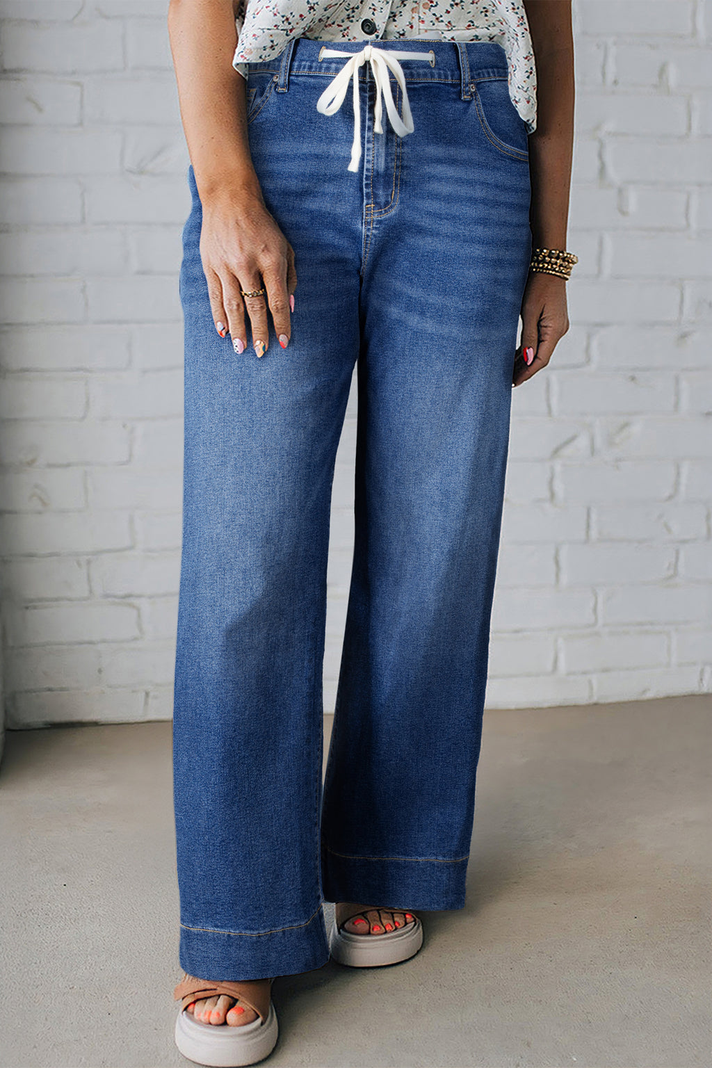 Blue Acid Wash Contrast Lace-up Plus Size Jeans