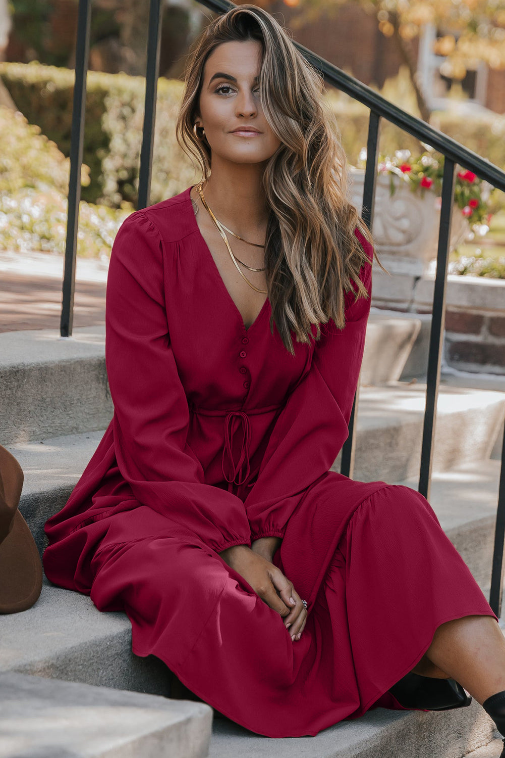 long sleeve v neck tiered solid maxi dress Coral Solid Color V Neck Short Puff Sleeve High Waist Tiered Maxi Dress, Coral / XL / 100%Polyester