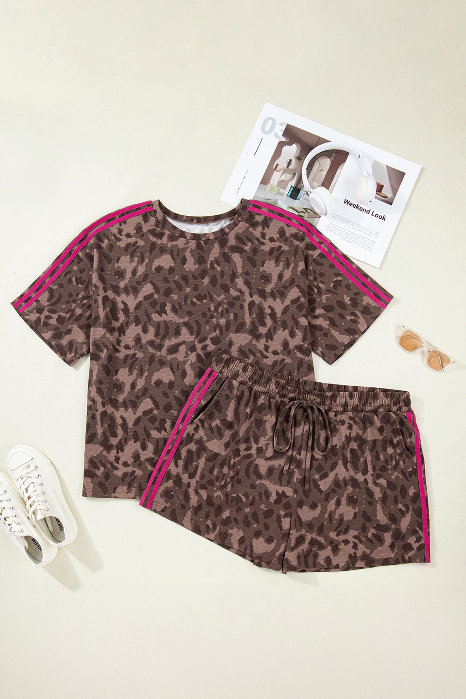 Brown Retro Leopard Print Contrast Varsity Stripe Trim Plus Size 2pcs Short Set