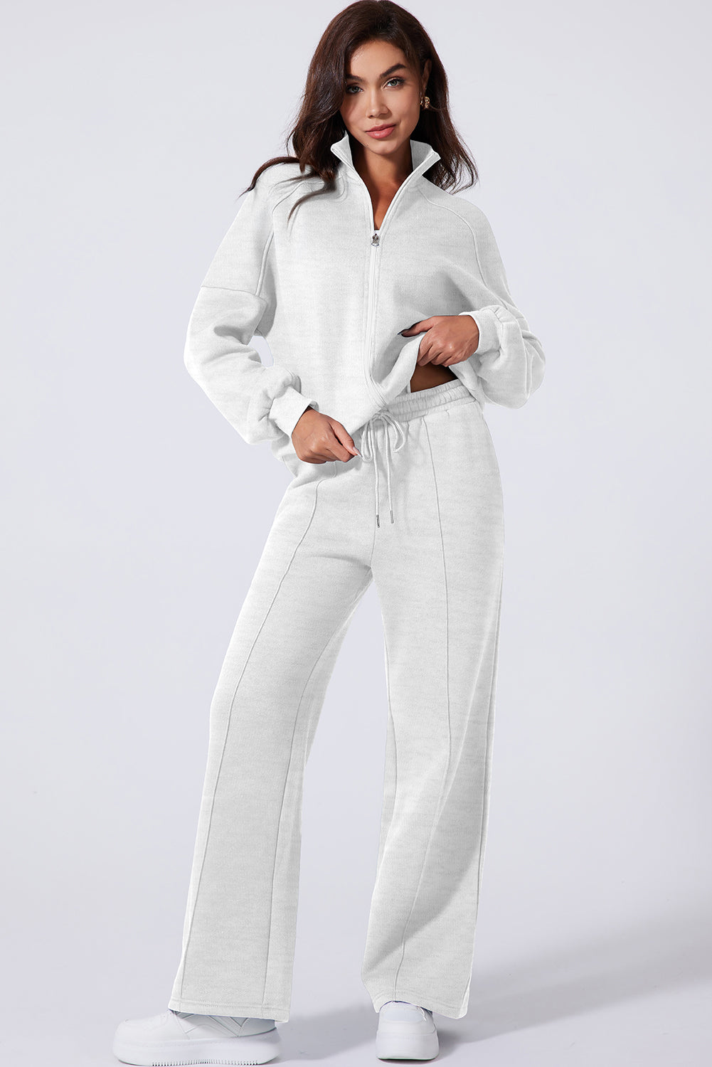 Black Drop Shoulder Zip Up Jacket Drawstring Pants Active 2pcs Set