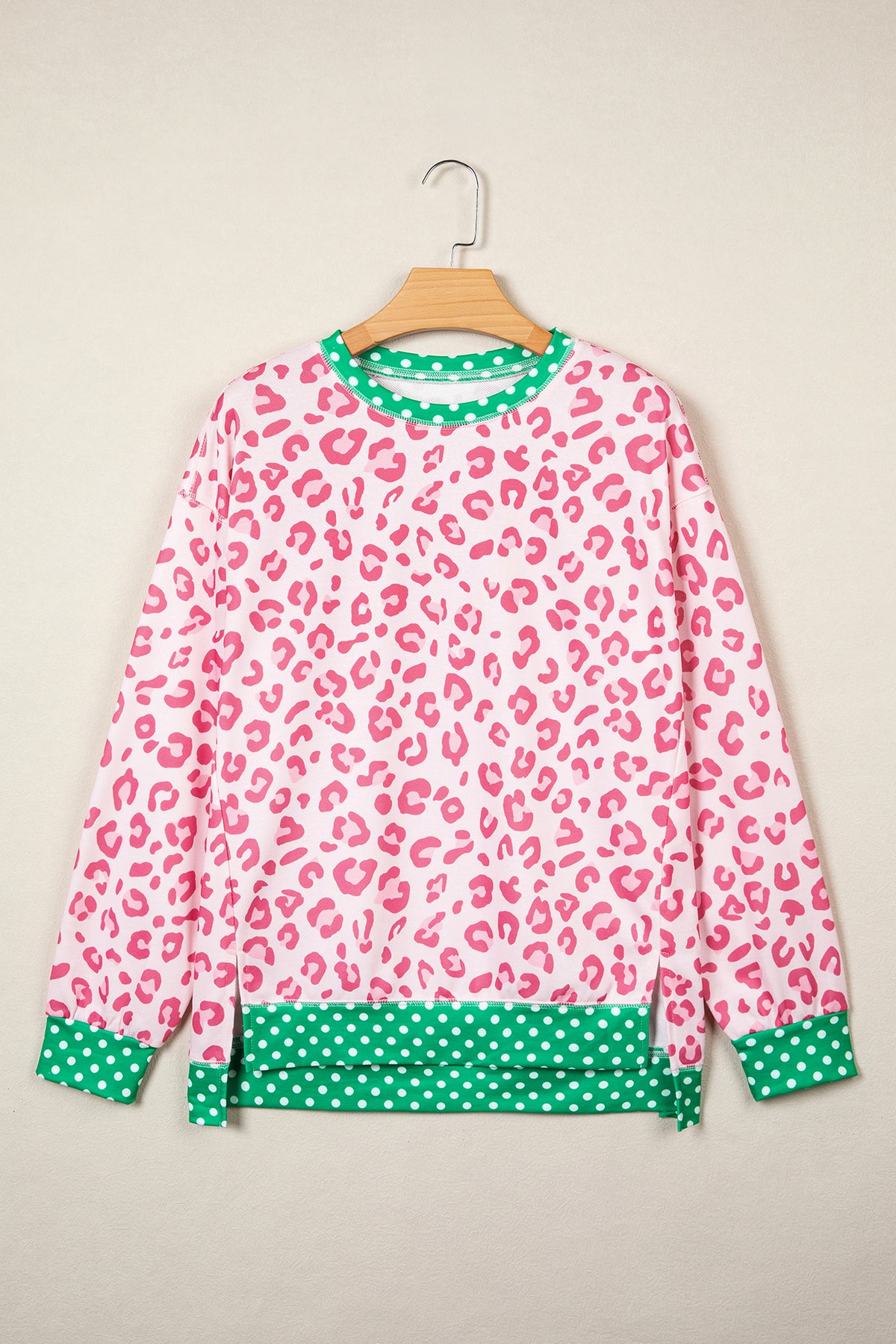 Khaki Leopard Polka Dot Colorblock Trim Long Sleeve Top
