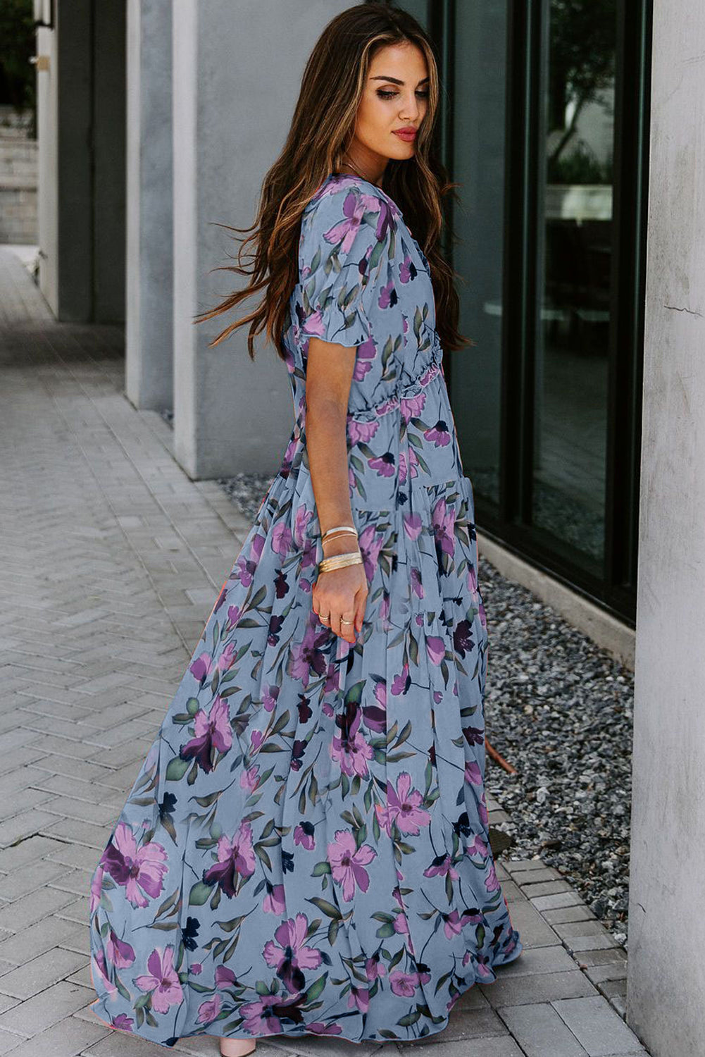 Green Fiery Floral Print Frilled V Neck Short Sleeve Maxi Dress
