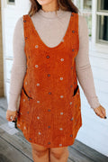 Gold Flame Flower Embroidered Corduroy Overall Mini Dress