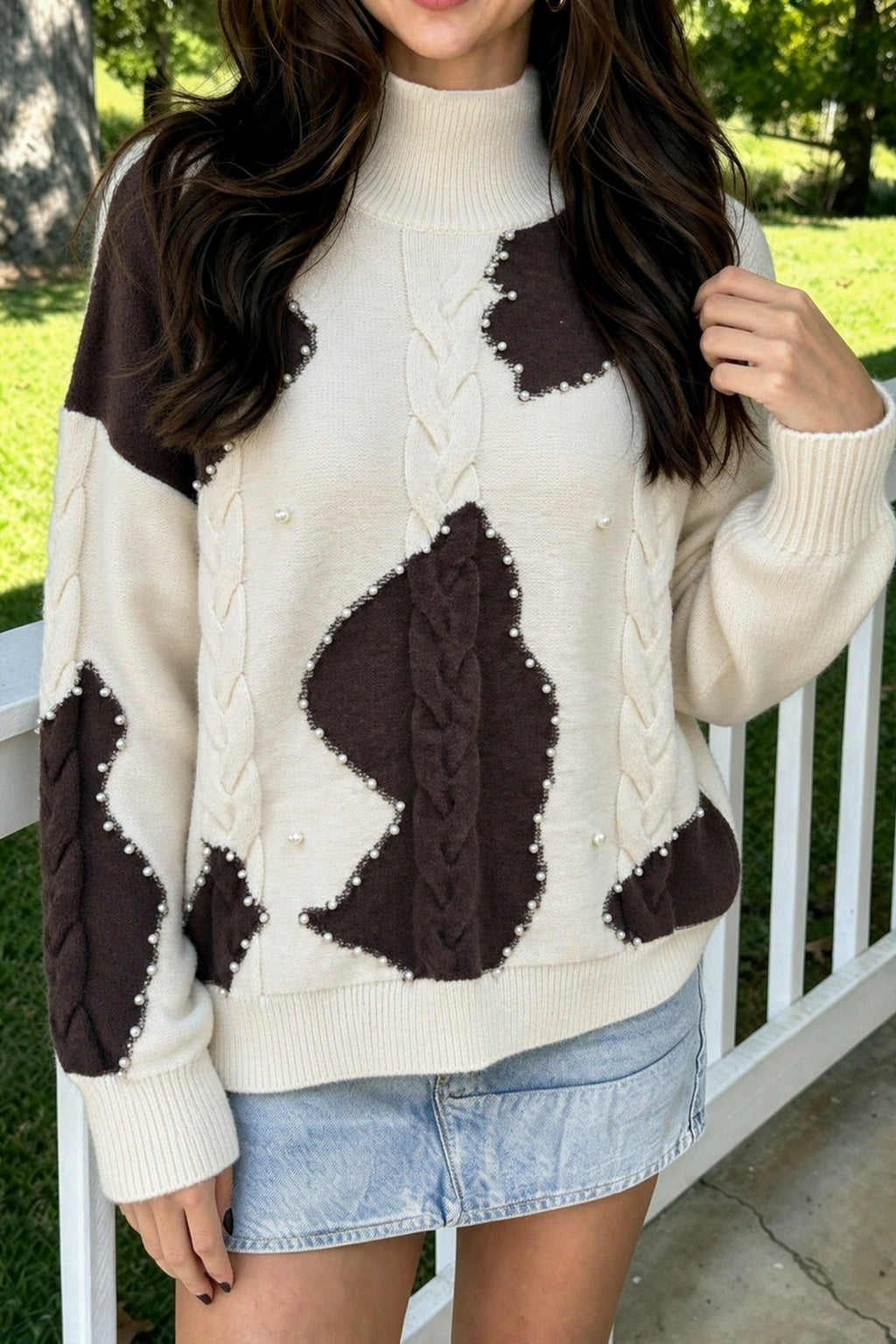 Beige Beaded Cow Print Cable Knit Mock Neck Sweater