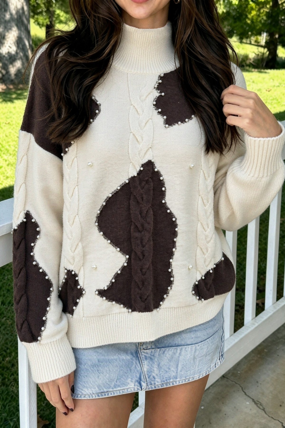Beige Beaded Cow Print Cable Knit Mock Neck Sweater