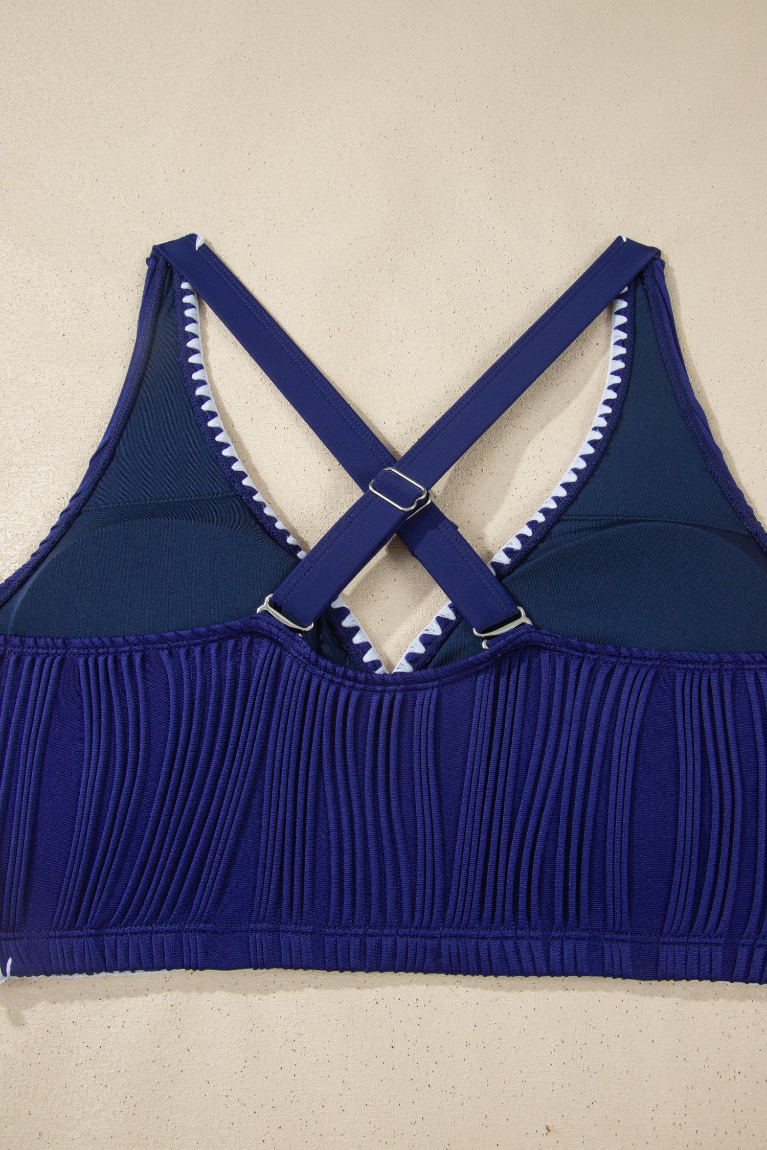 Dark Blue Shell Stitched Trim V Neck Textured Mix and Match High Waist Bikinis
