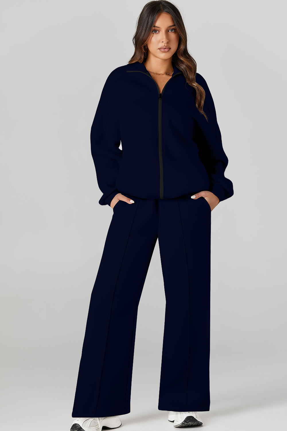Black Drop Shoulder Zip Up Jacket Drawstring Pants Active 2pcs Set