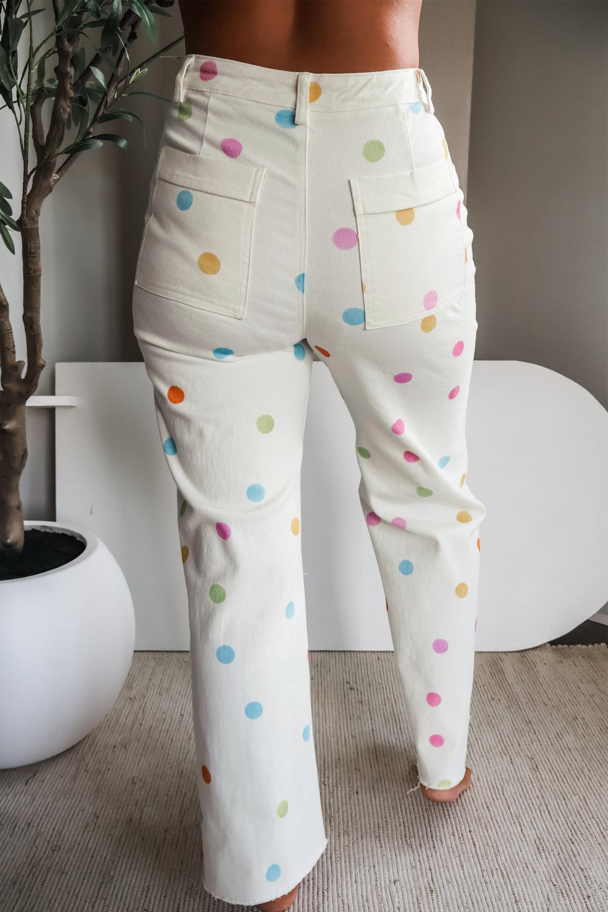 White Polka Dot High-Rise Straight-Leg Jeans