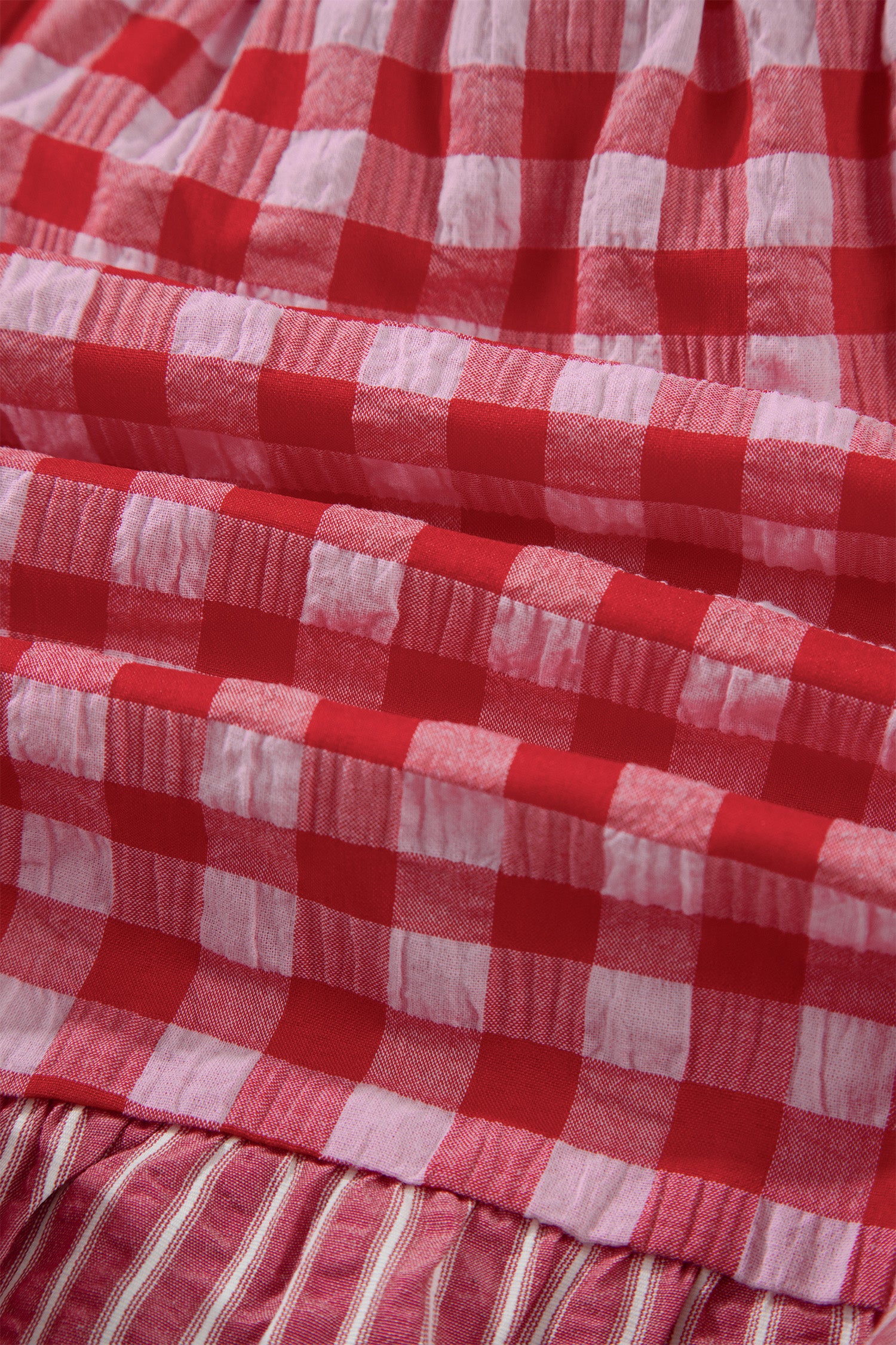 Pink Gingham Print Ruffle Striped Detail Lace Tie Shorts