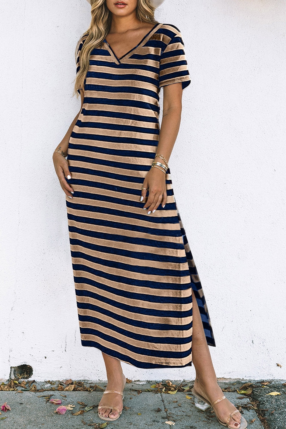 Black Stripe Print V Neck Maxi Dress with Side Splits