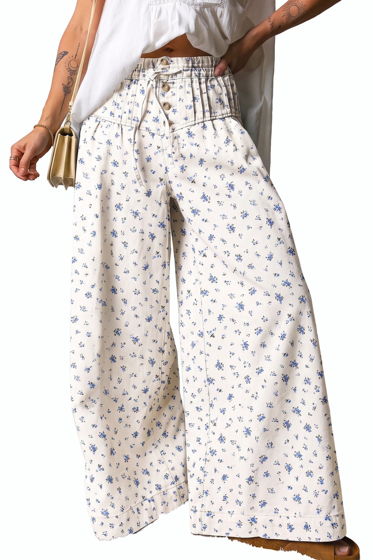 White Floral High-Waisted Wide-Leg Jeans with Drawstring