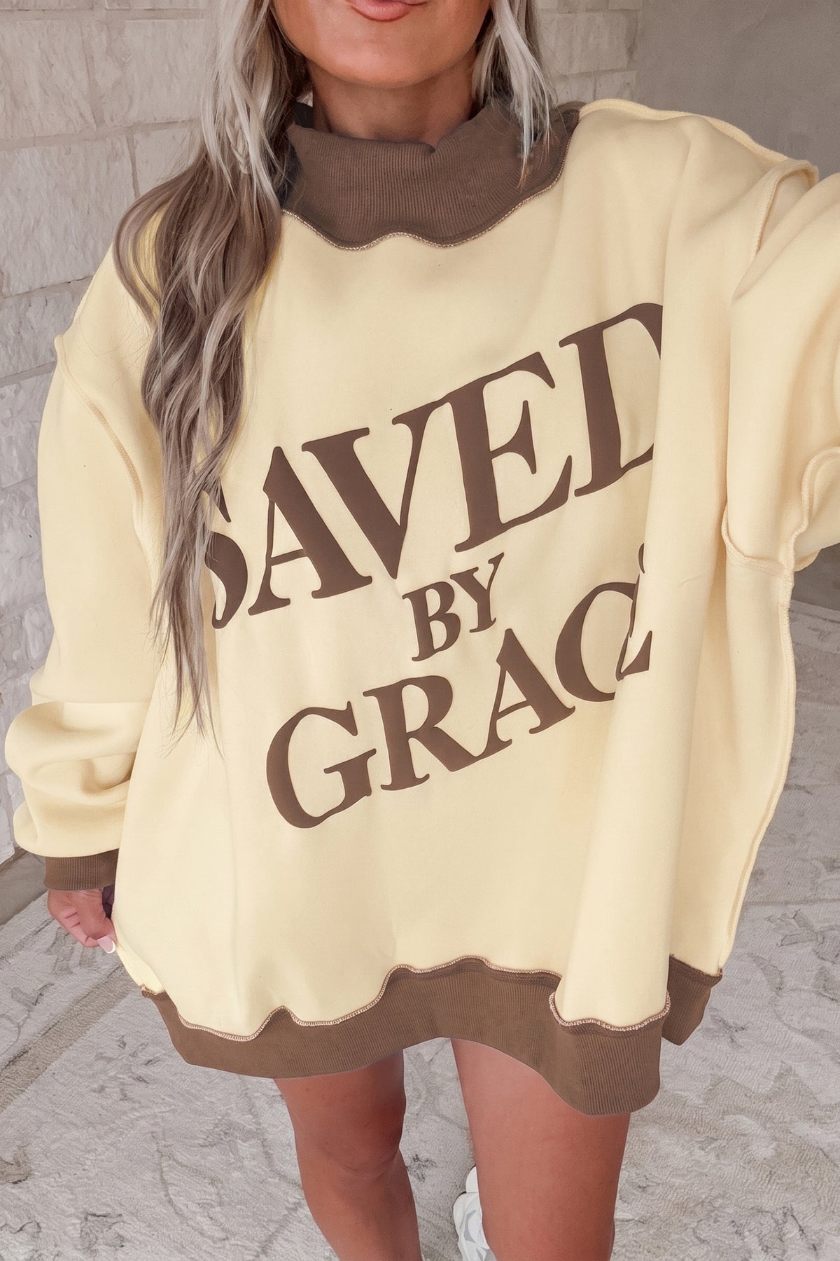 Coffee Saved By Grace Print Color Block Mock Neck Oversized Sweatshirt