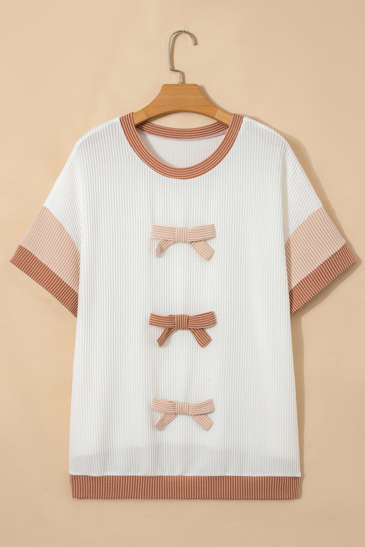 Apricot Bowknot Applique Plus Size Ribbed Top