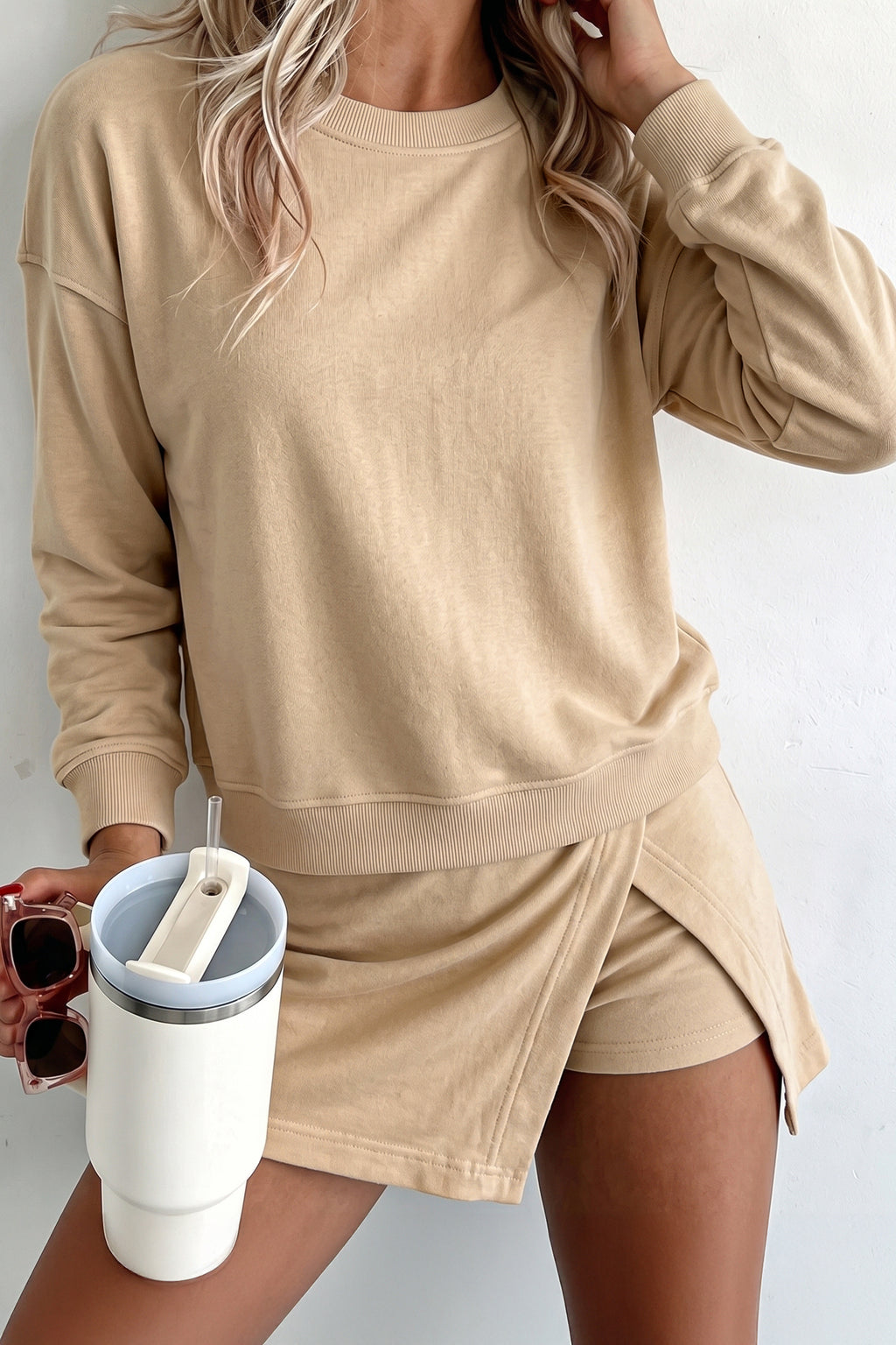 Long-Sleeve Top & Split Skort Two-Piece Set