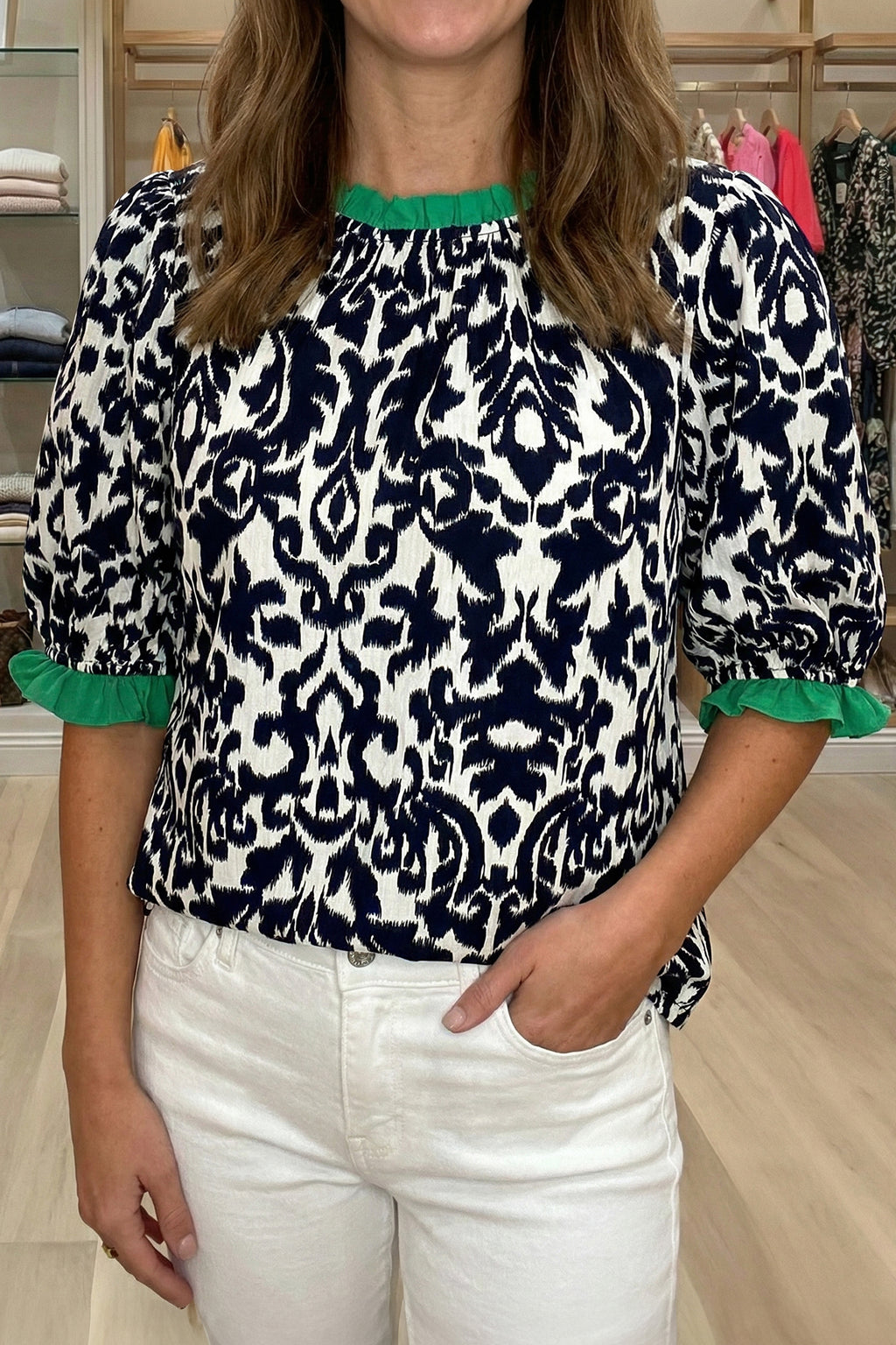 Green Damask Print Ruffled Color Block Detail Half Sleeve Blouse