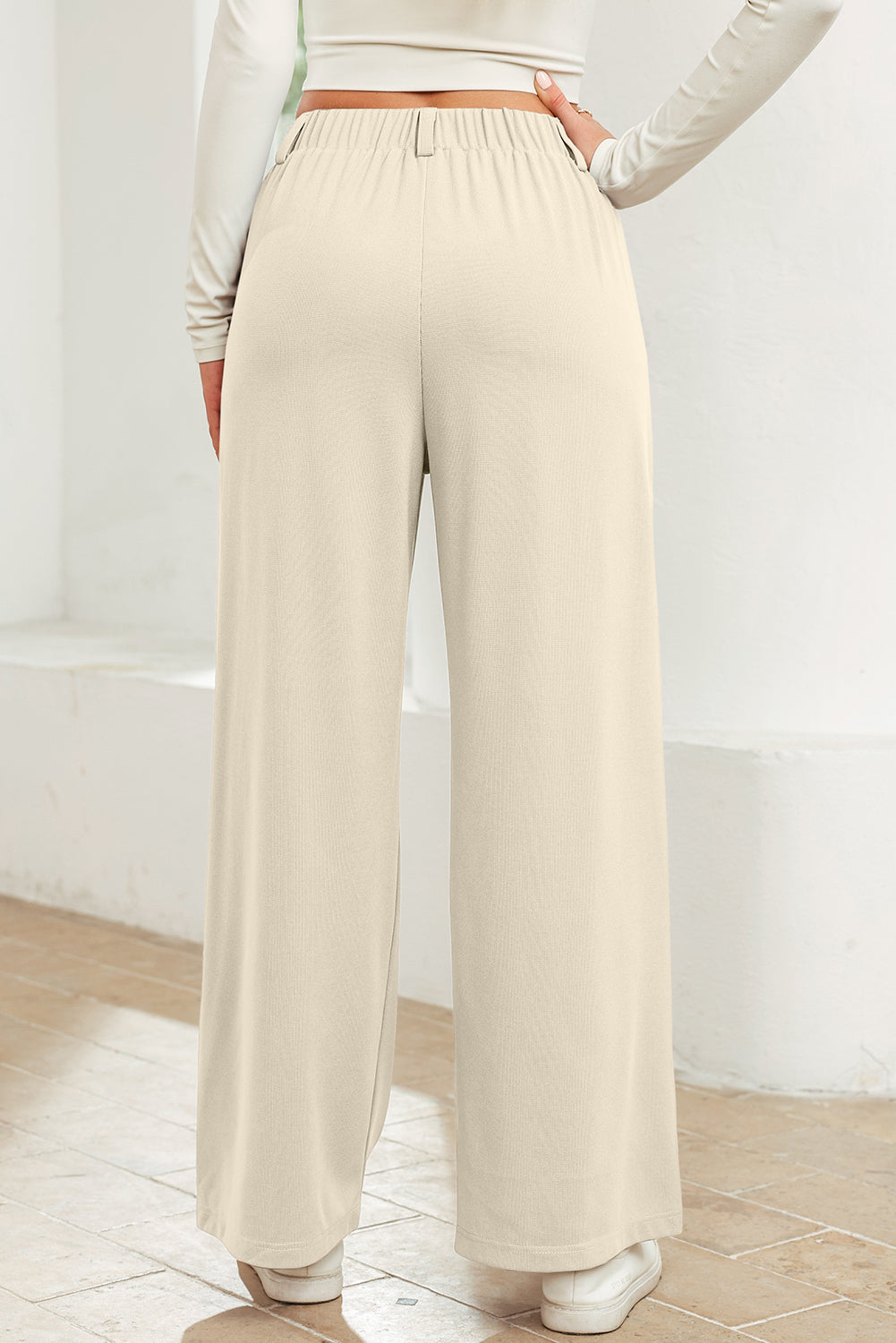 Beige Solid Color Textured Elastic Waist Wide Leg Pants
