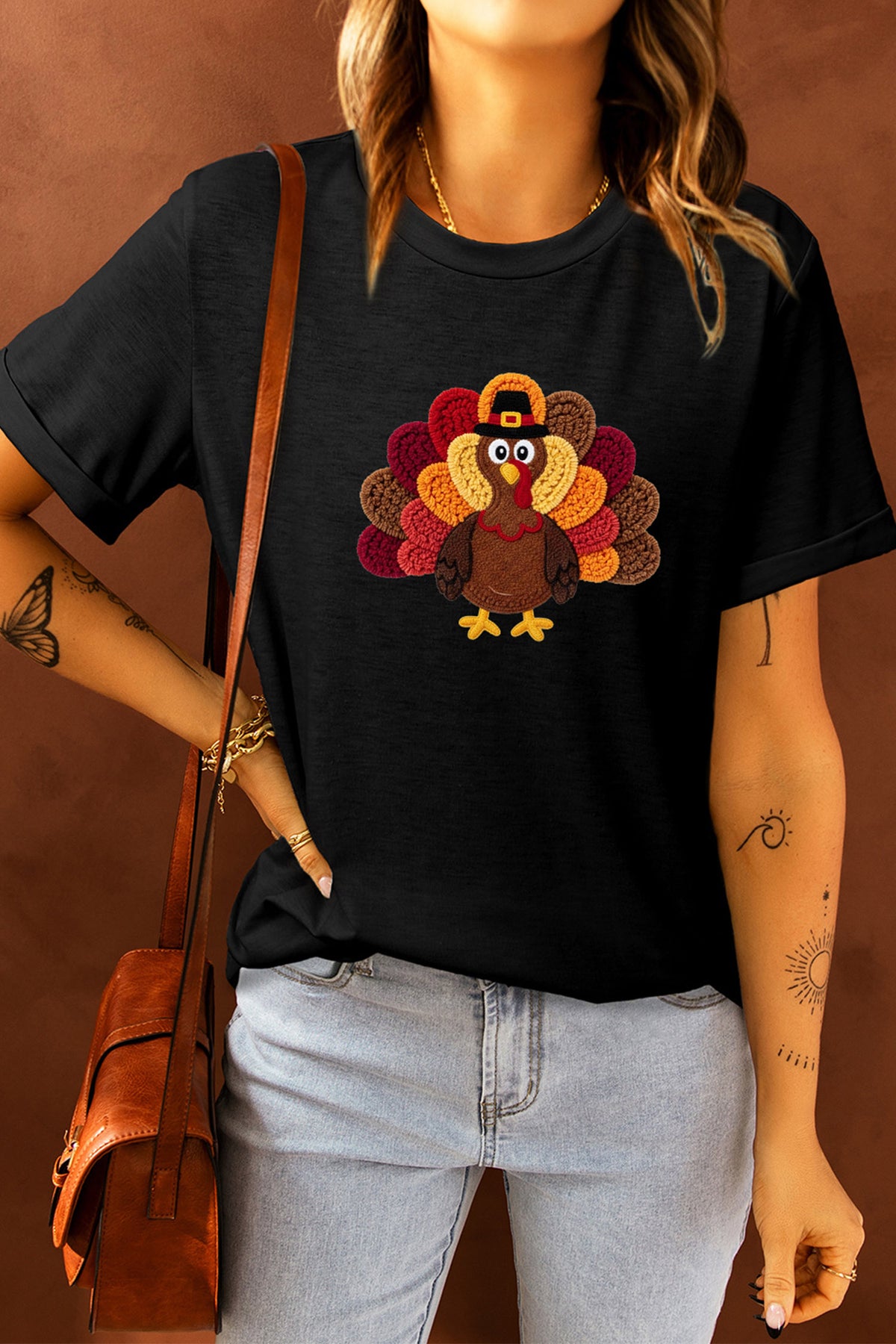 Black Thanksgiving Turkey Printed Graphic Short Sleeve Casual Shift T-Shirt