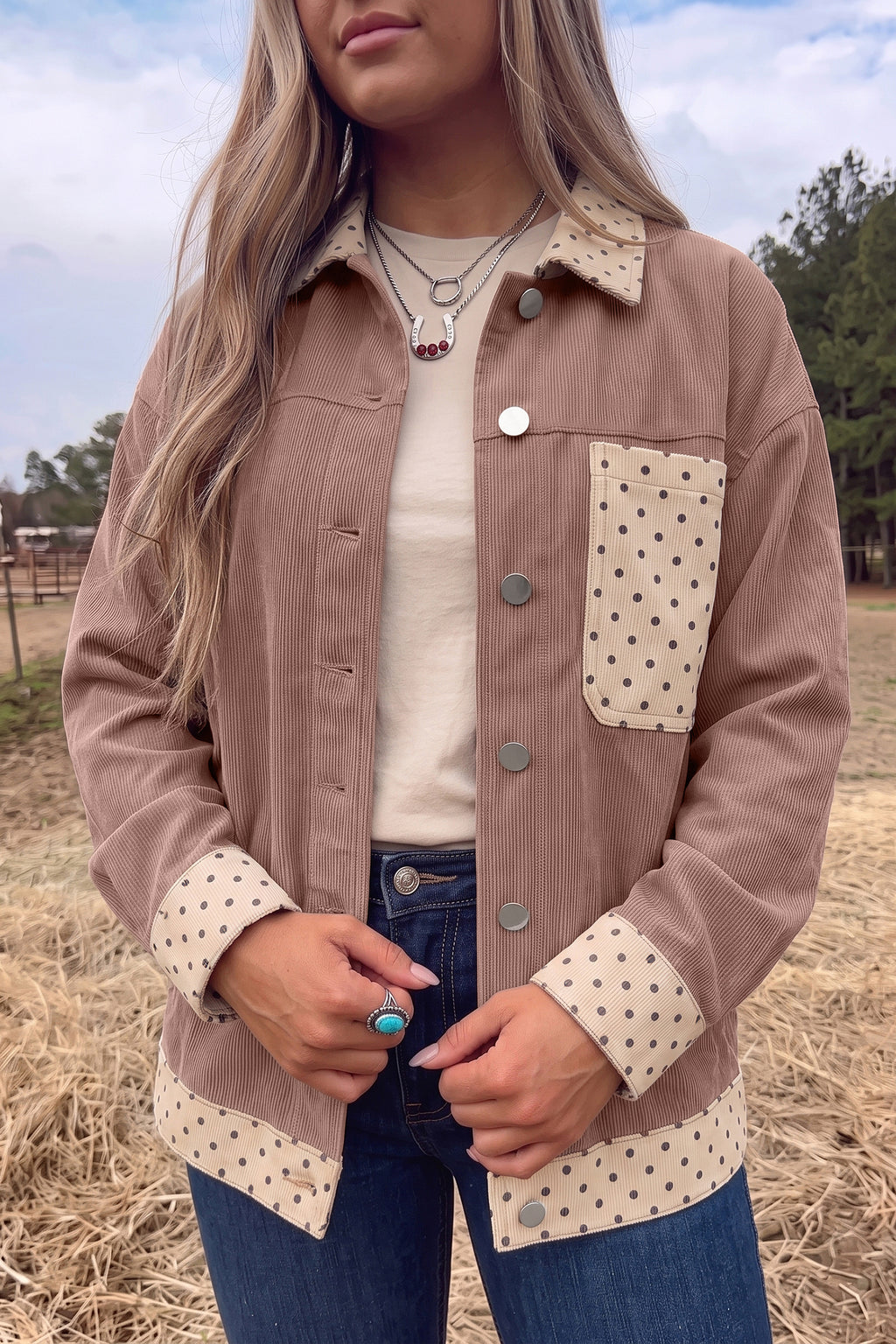Polka Dot Patchwork Corduroy Button-Front Shacket