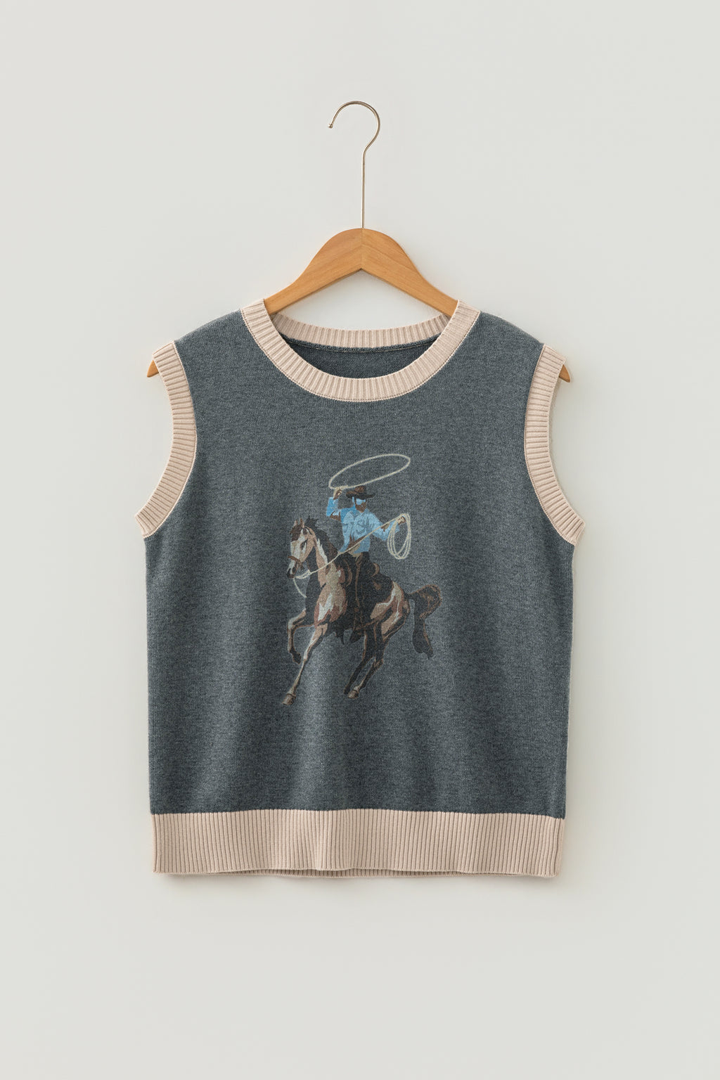 Gray Western Print Colorblock Trim Sleeveless Knitwear Vest