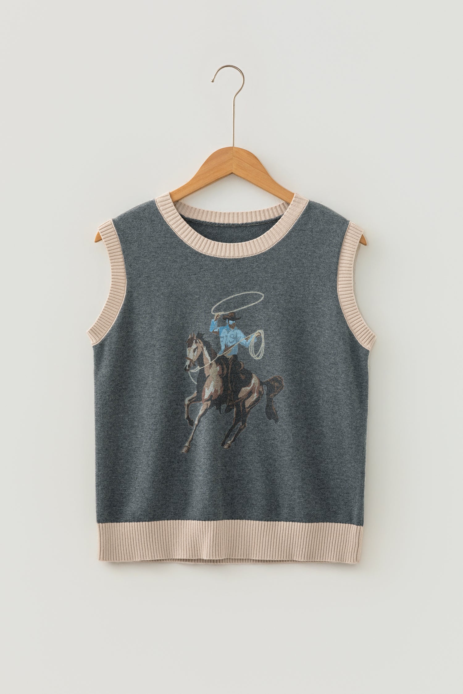 Gray Western Print Colorblock Trim Sleeveless Knitwear Vest