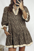 Black Leopard Print Striped Color Block Trim V Neck Bracelet Sleeve Mini Dress