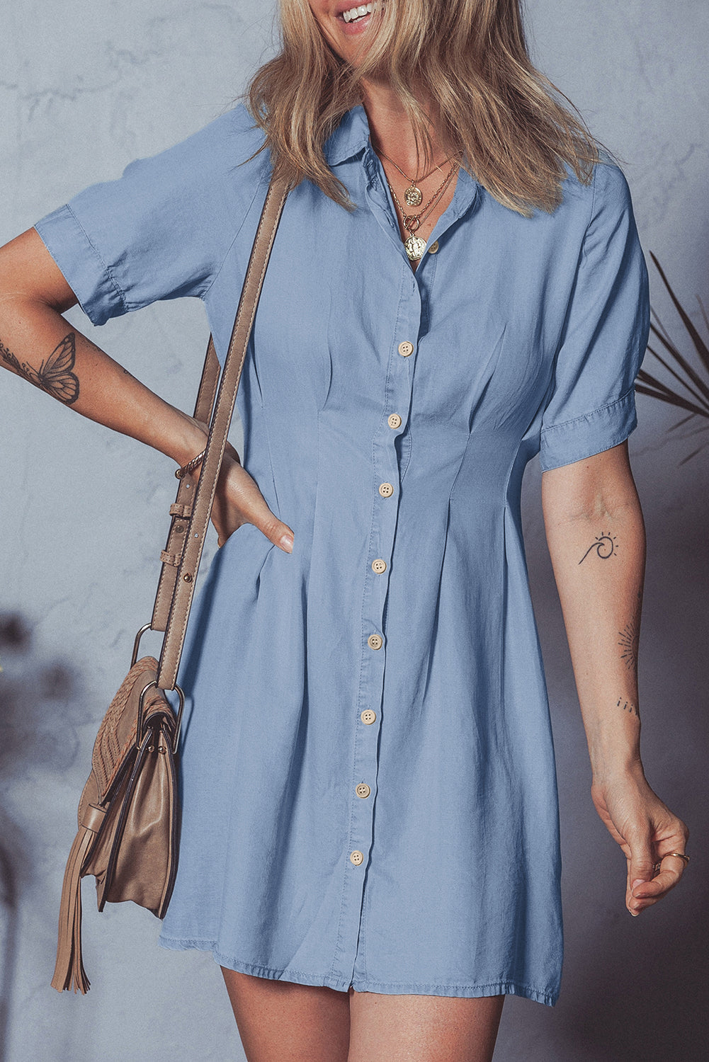 Myosotis Denim Pleated Slim Waist Short Sleeve Shirt Dress