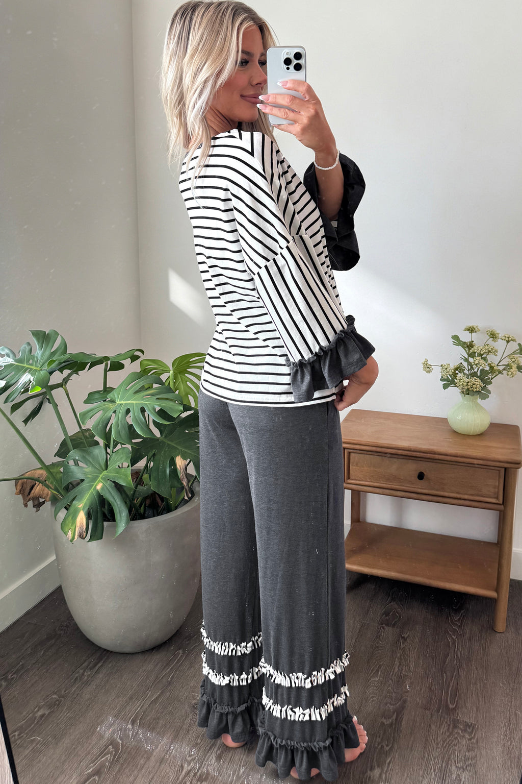 Blue Stripe V Neck Ruffle Contrast Sleeve Top Drawstring Pants 2pcs Set