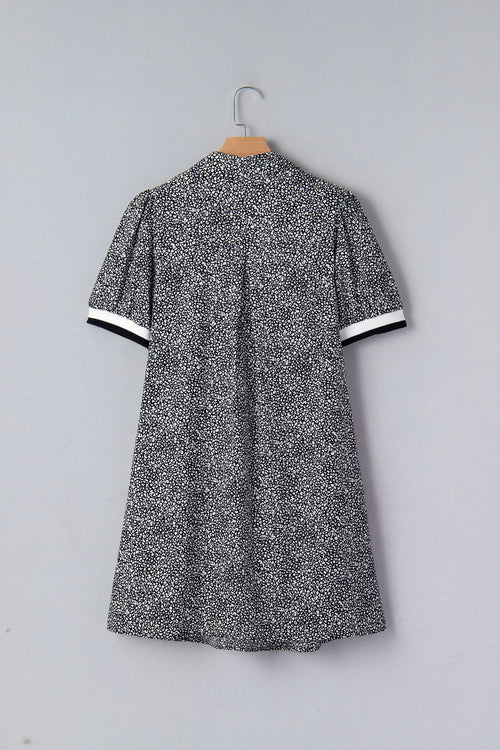 Black Leopard Print Contrast Striped Trim Polo Collar Short Sleeve Dress with Pockets