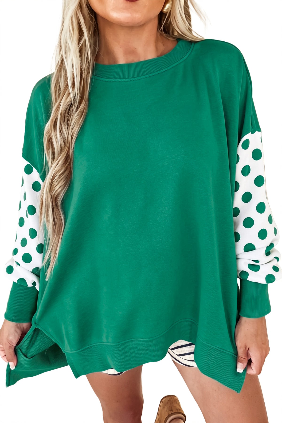Khaki Polka Dot Patchwork Sleeve Crew Neck Loose Pullover Sweatshirt