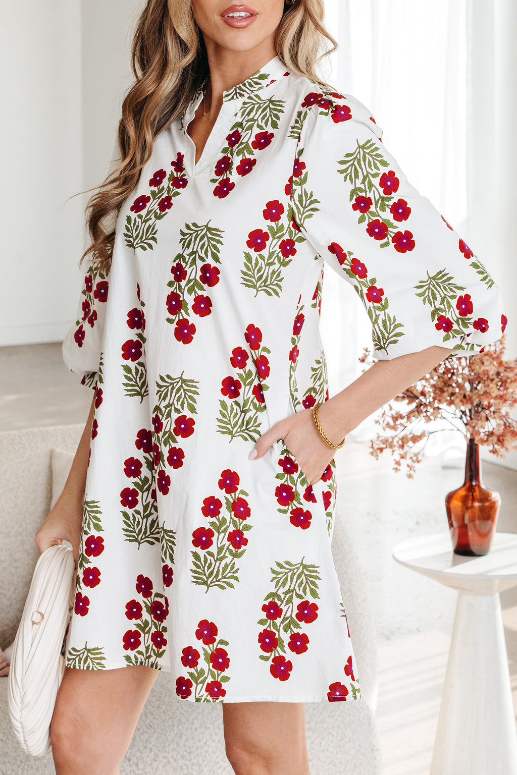 White Floral Print V Neck 3/4 Sleeve Loose Mini Dress