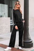 Black Varsity Striped Detail Crewneck Pullover Elastic Sweatpants 2pcs Outfit