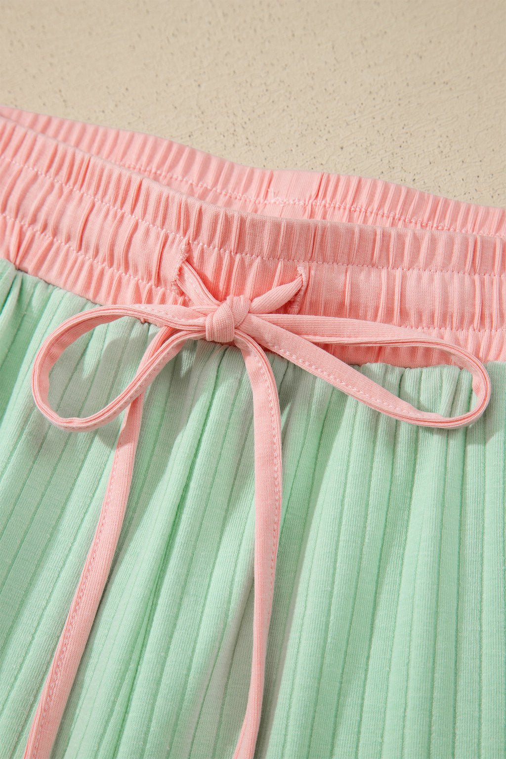 Yellow Cream Soft Ribbed Color Block Trim Casual Short Set