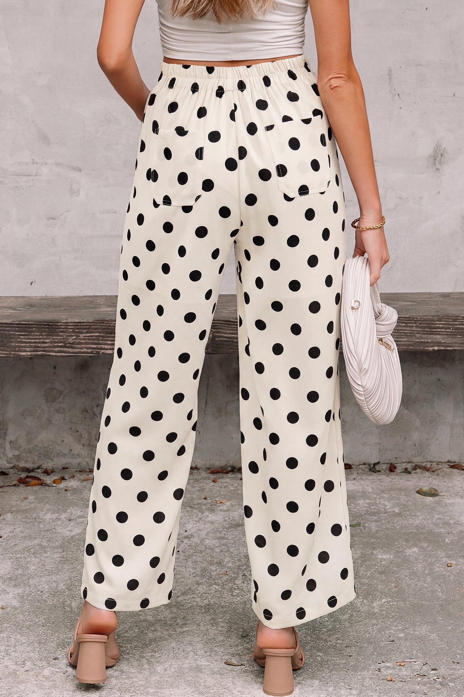 White Polka Dot Print Patched Pocket Loose Pants