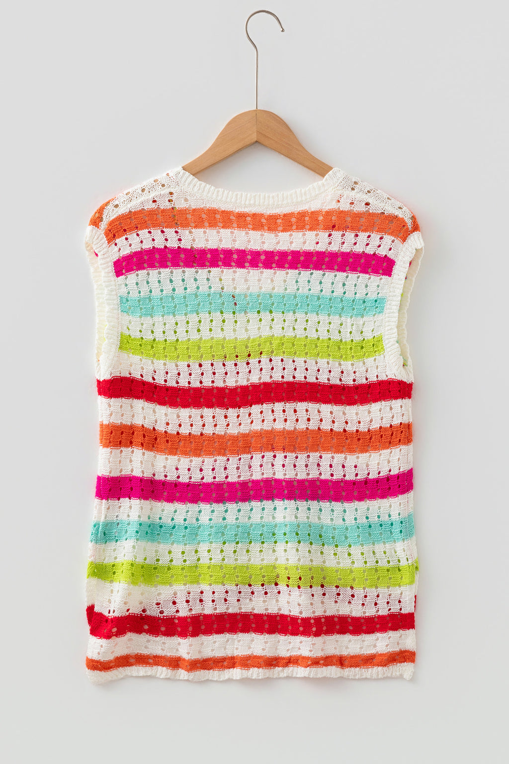 Multicolour Striped Eyelet Knit V Neck Sweater Tee