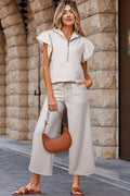 Pink Textured Ruffled Sleeve Zipped Top and Wide Leg Pants Set