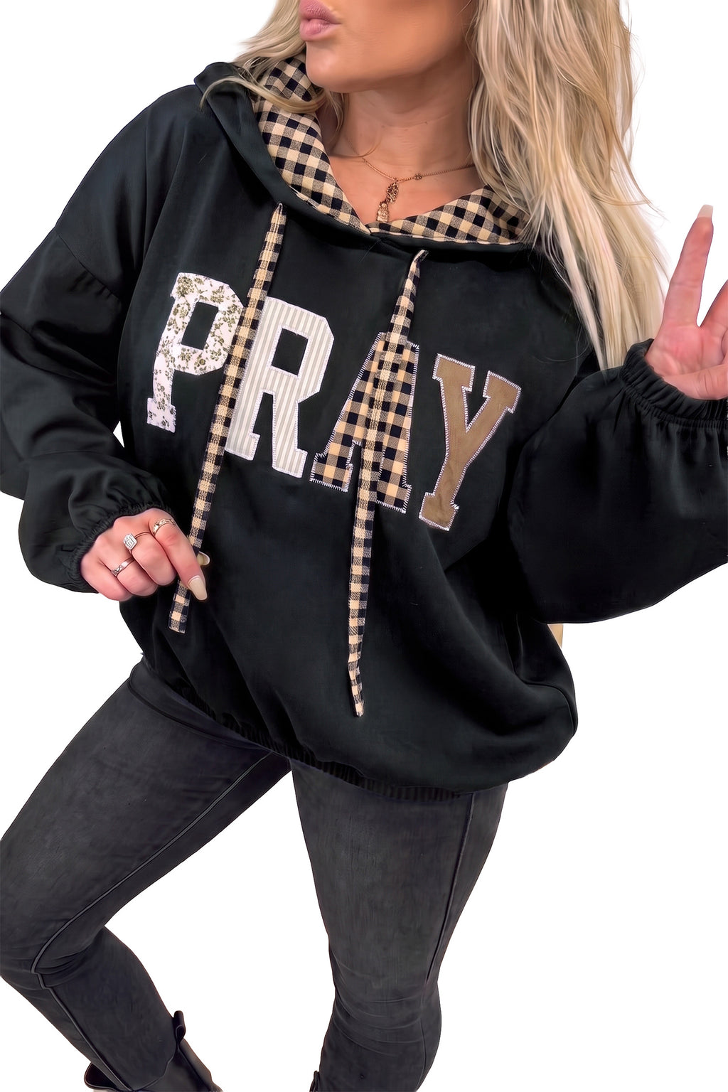 Light Grey PRAY Mix Pattern Letter Graphic Plaid Contrast Drawstring Hoodie