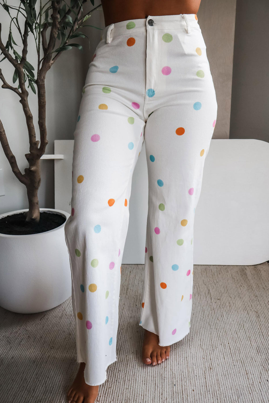 White High Waist Polka Dot Straight Leg Casual Jeans