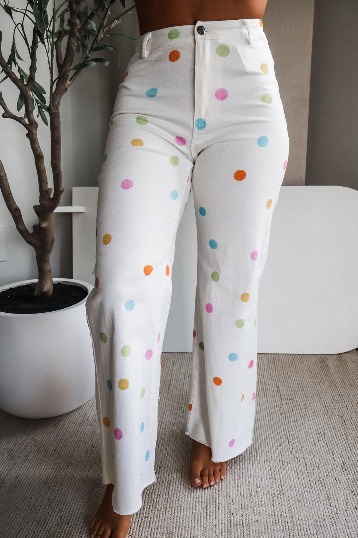 White High Waist Polka Dot Straight Leg Casual Jeans
