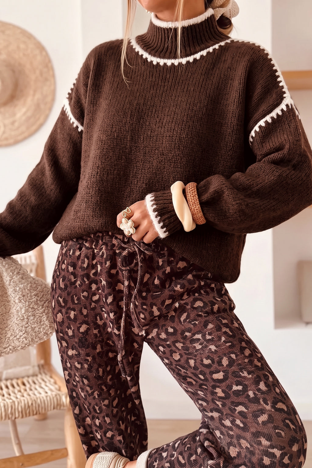 Contrast Trim Mock Neck Relaxed Sweater