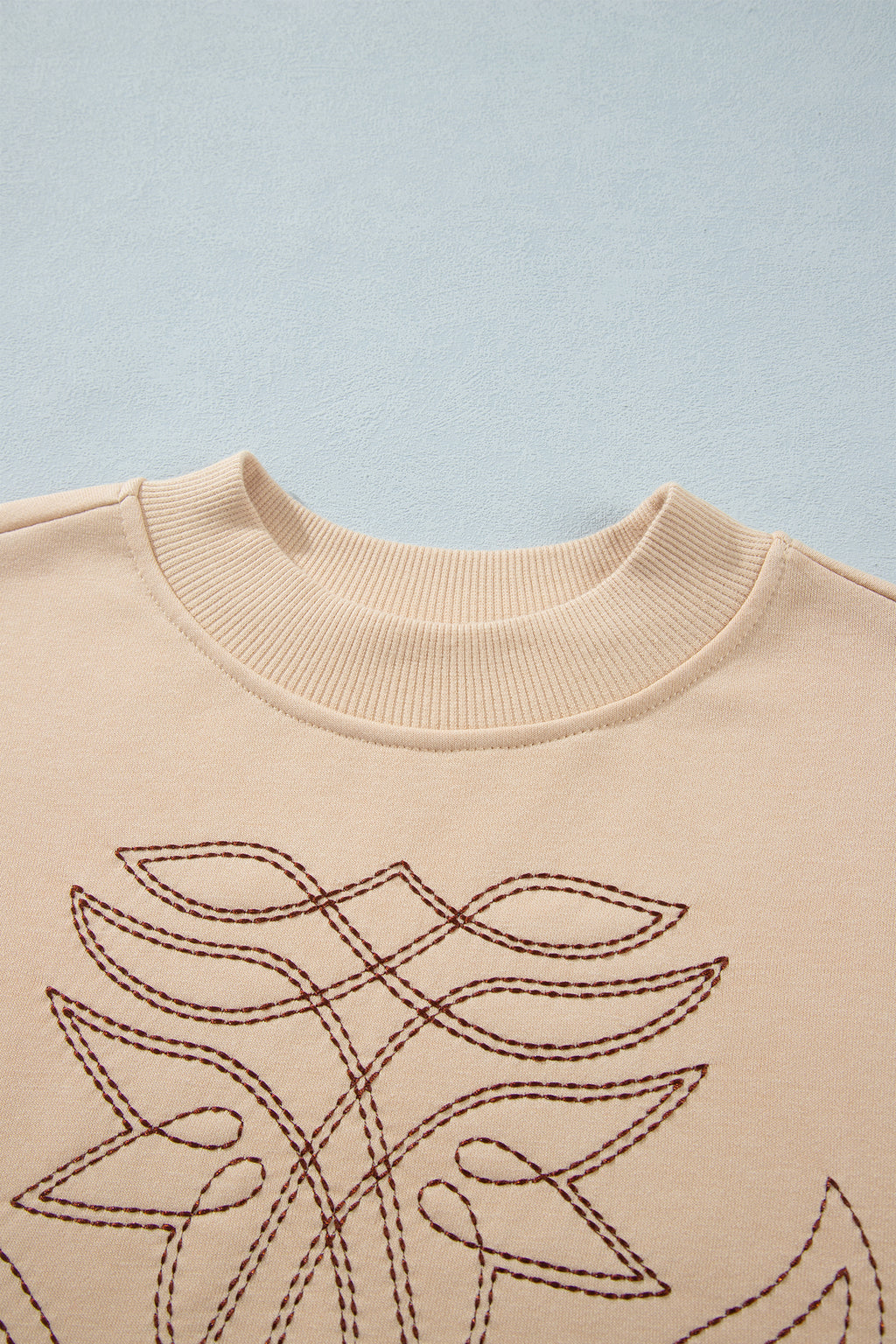 Light French Beige Western Embroidery Round Neck Pullover Long Sleeve Sweatshirt