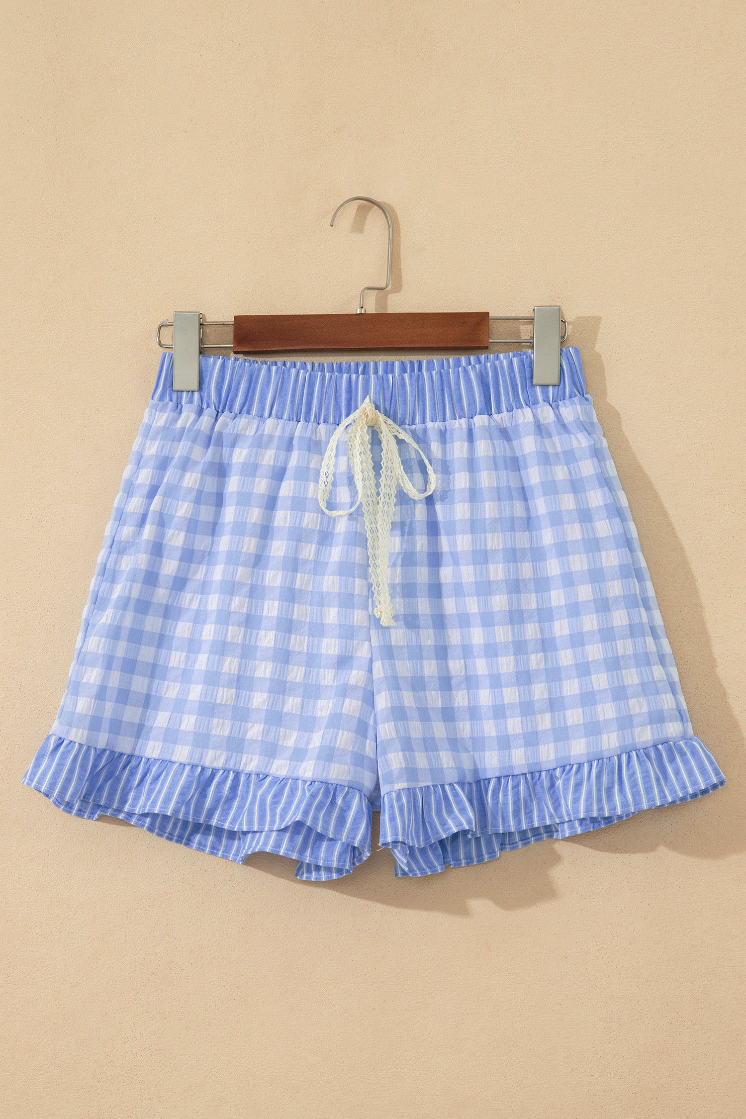 Pink Gingham Print Ruffle Striped Detail Lace Tie Shorts