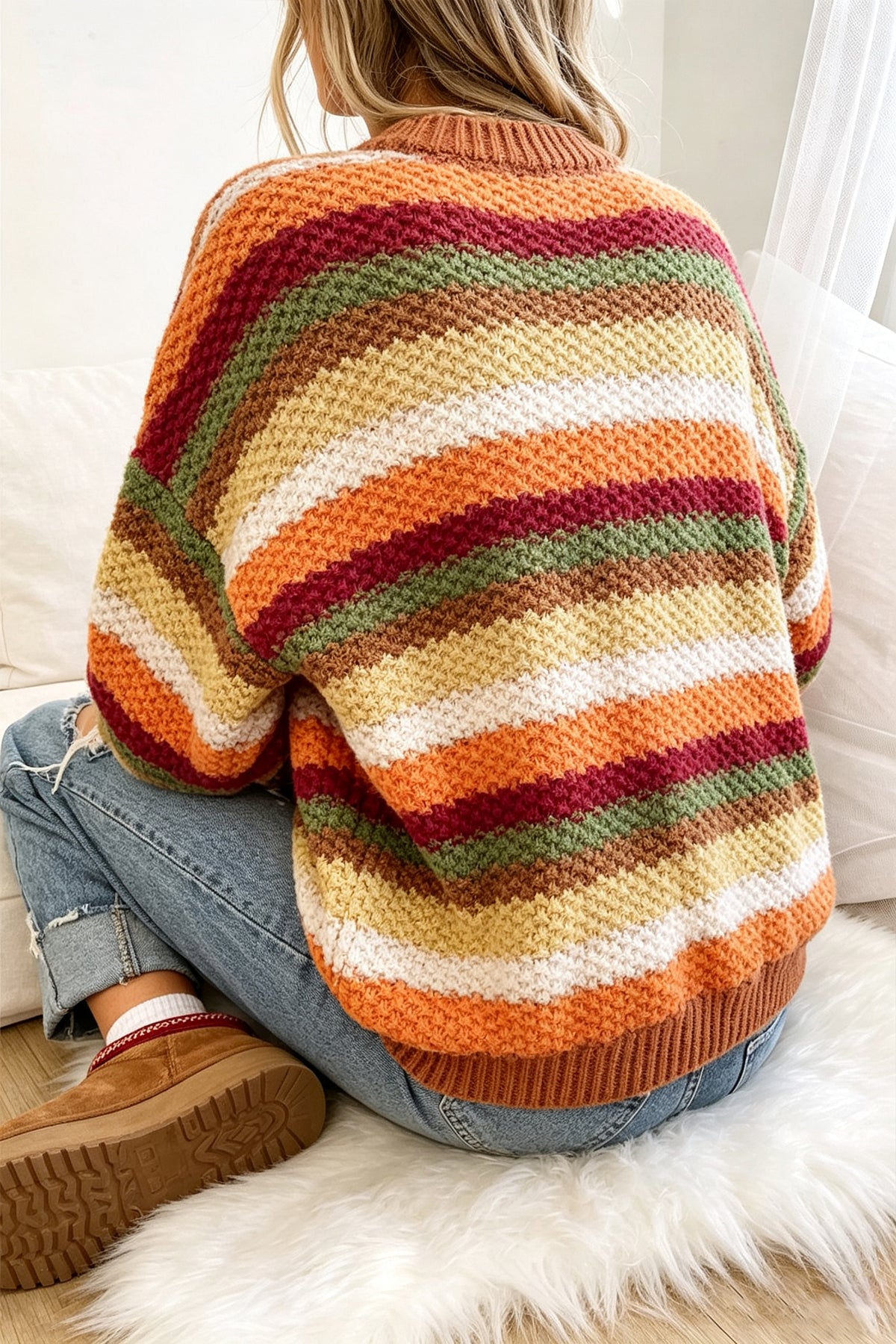 Rainbow Striped Puff Sleeve Knit Sweater