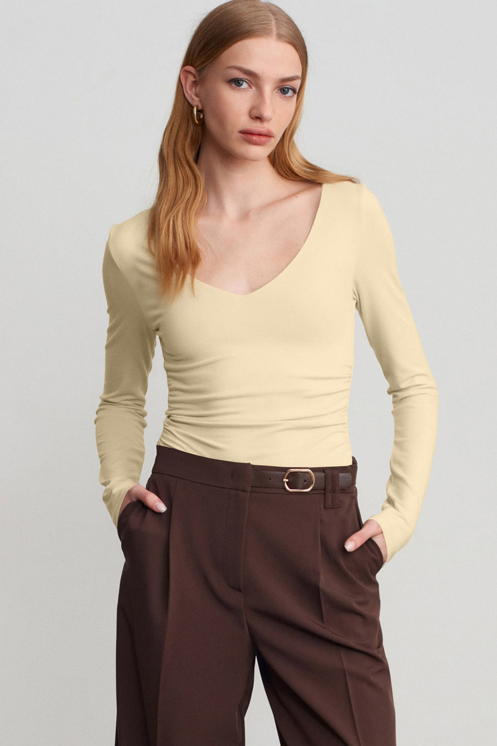 Slim-Fit V-Neck Long-Sleeve Top with Built-In Bra