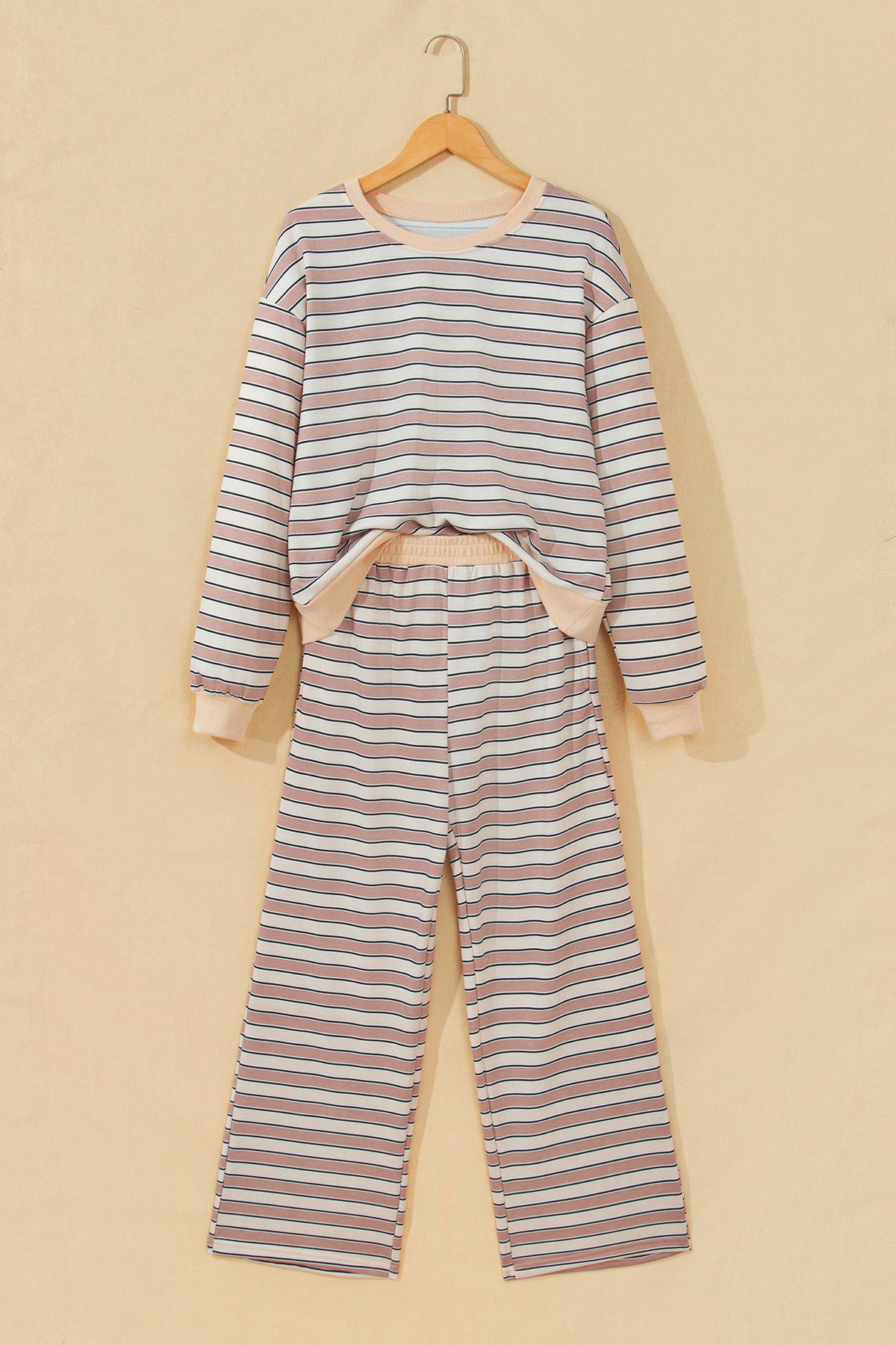 Khaki Striped Long-Sleeve Top & Wide-Leg Pants Lounge Set
