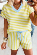 Yellow Stripe Colorblock Trim V Neck Tee Drawstring Elastic Waist Short Set