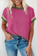 Rose Red Textured Contrast Trim Round Neck T Shirt