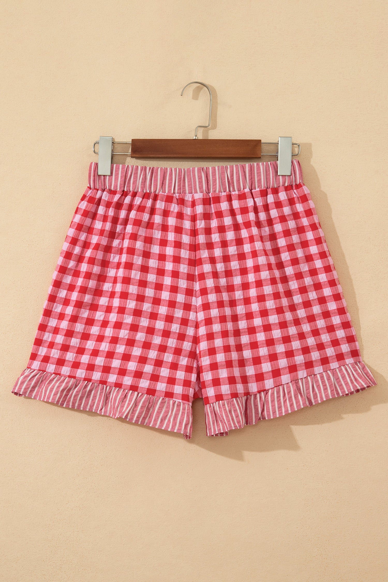 Pink Gingham Print Ruffle Striped Detail Lace Tie Shorts